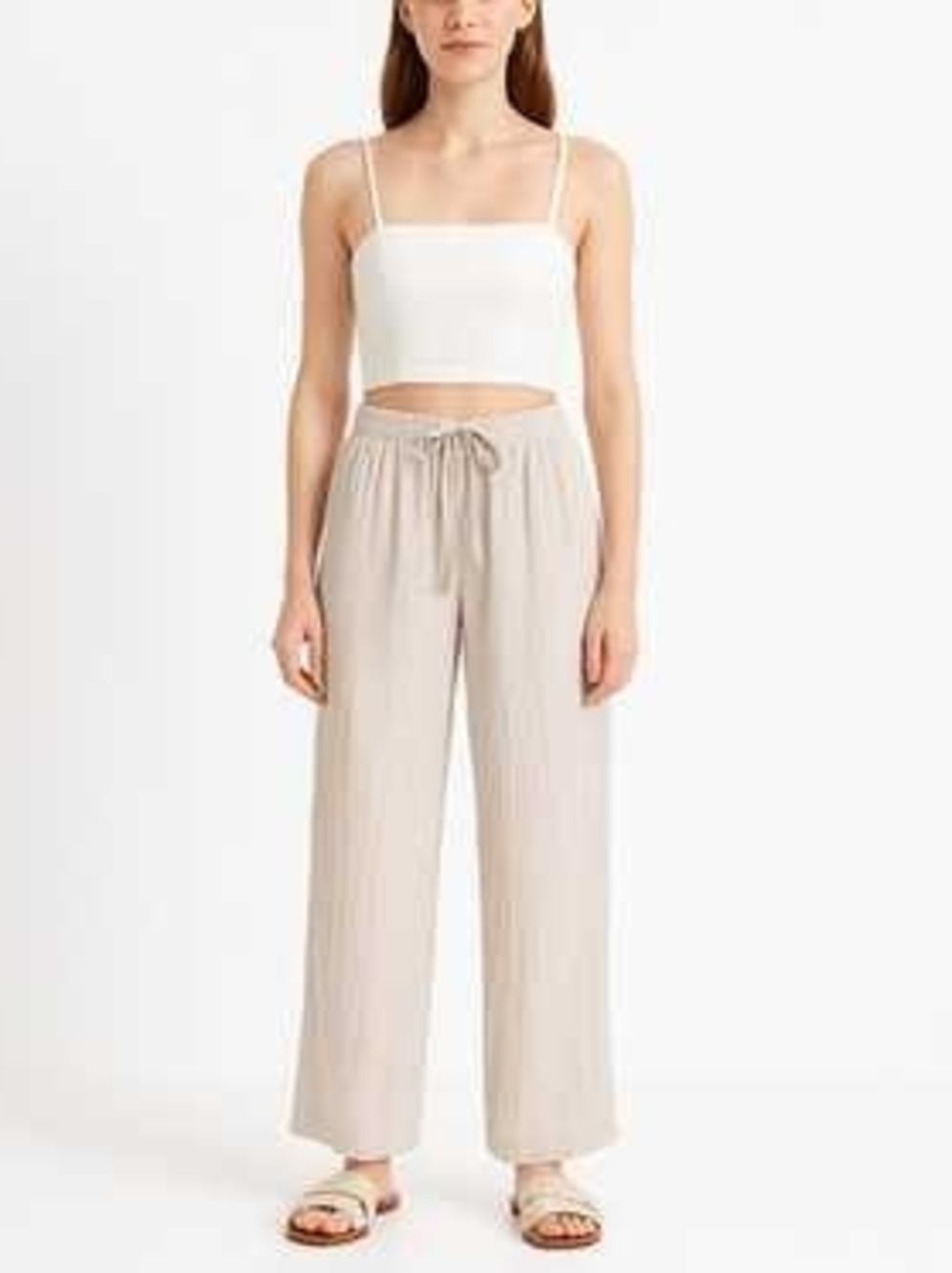 Zara Crinkle Wide-Leg Pants | Cream Sand | XS | Drawstring Linen Look